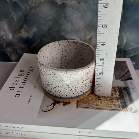 Studio Art Pottery Hand Thrown Mug 3" Speckled White Black Unique Orange Handle - Picture 11 of 12